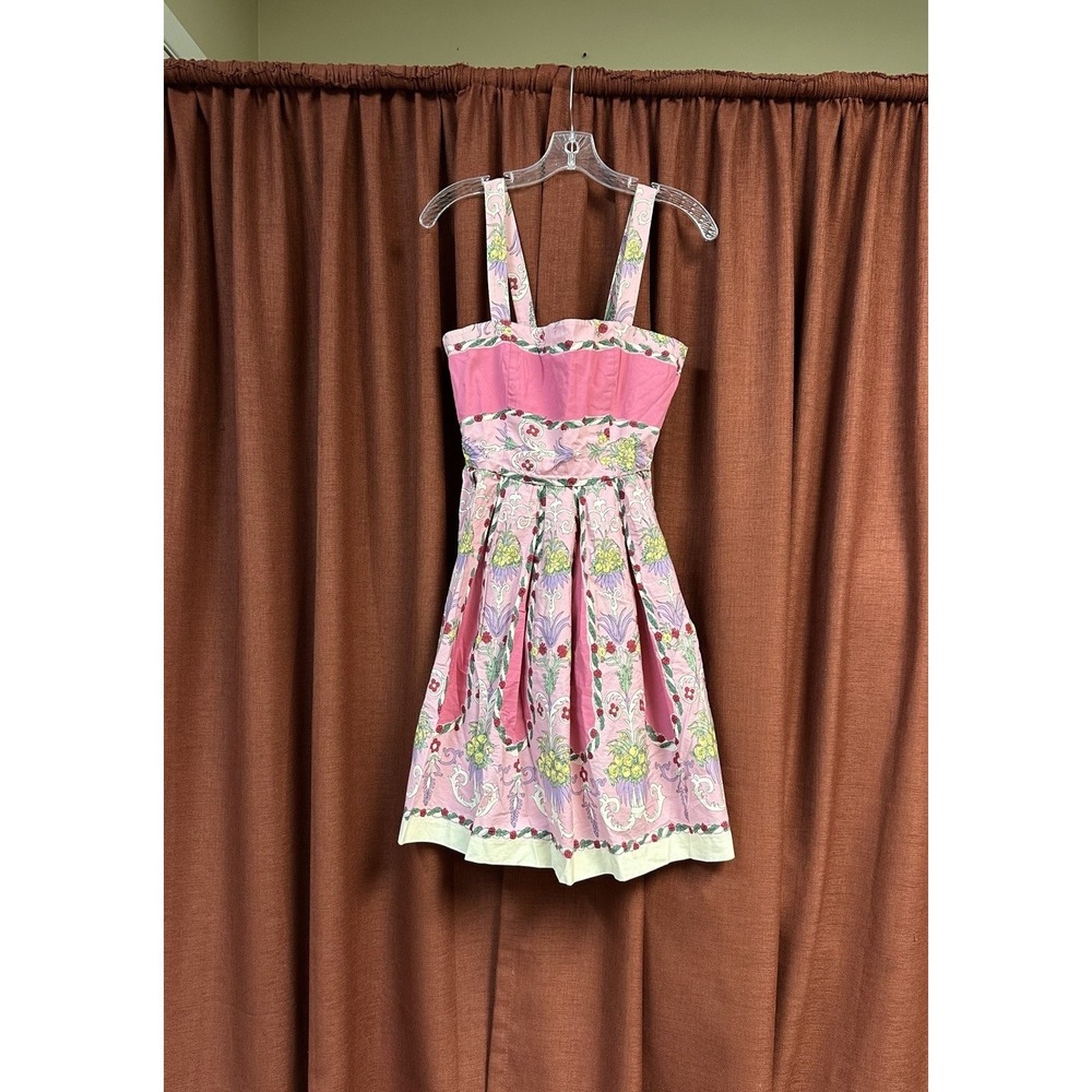 Betsey Johnson Vintage Floral Fleur DeLis Woven Pink Dress 6